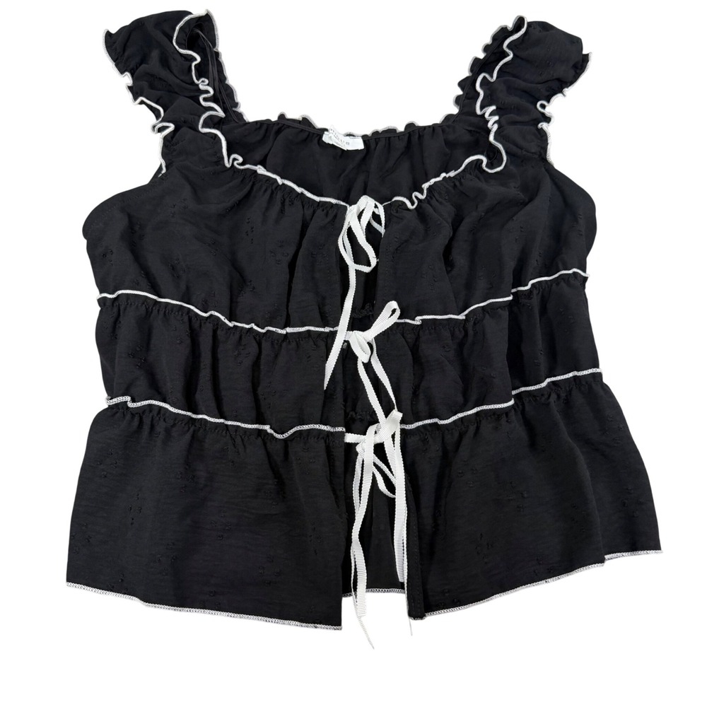 Kirious Los Angeles Black Tiered Clip Dot Front Tie Ruffle Top Large New